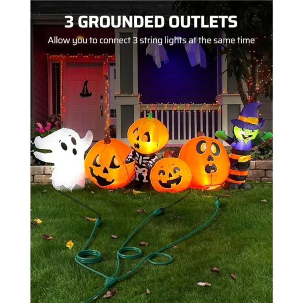 25Ft Halloween Outdoor Extension Cord Multiple Outlets, Evenly Spaced 3 Outlets